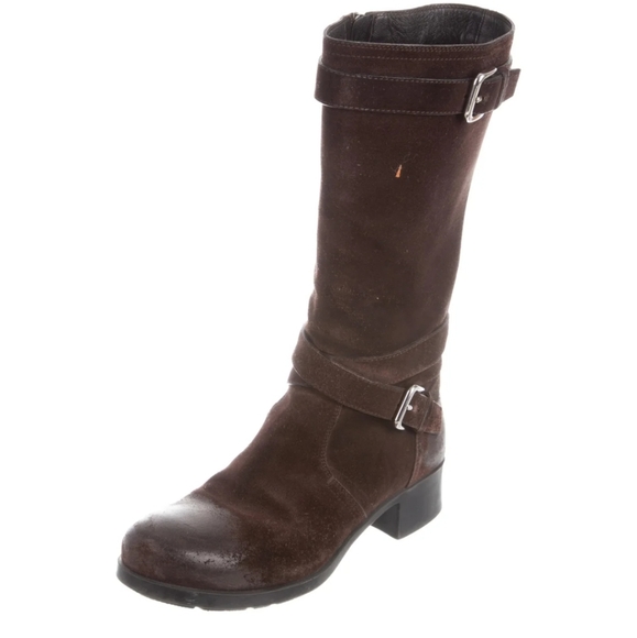 Prada Distressed Suede Mid-Calf Boots - Picture 7 of 11